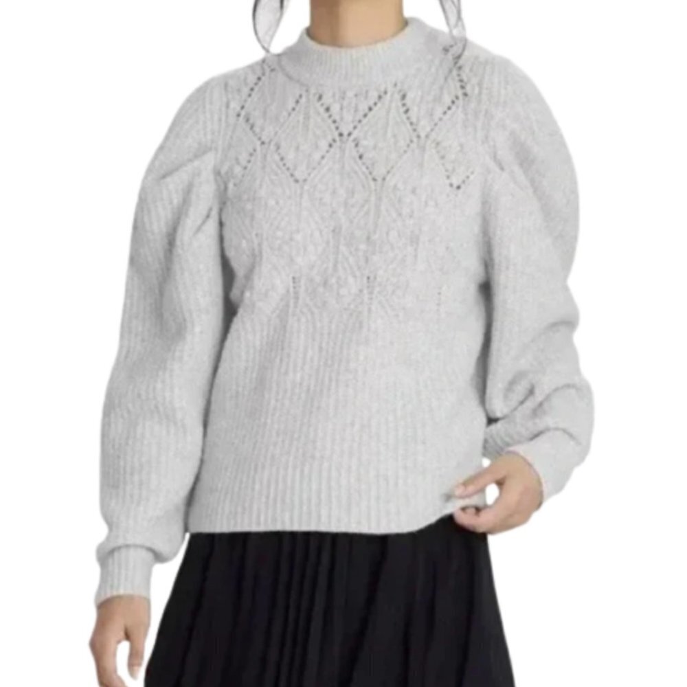 A New Day Gray Openwork Puff Sleeve Crewneck Pullover Sweater Size XS NWT